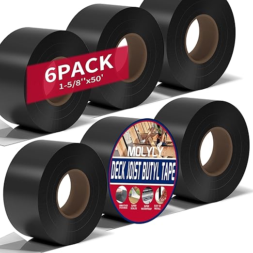 Joist Tape for Decking 1-5/8" x 50', 6 Rolls Weather-Resistant Deck Joist Tape,Waterproof Butyl Joists Tape, Self-Adhesive Flashing Deck Tape for Joists Extend Deck Beam Roof Life