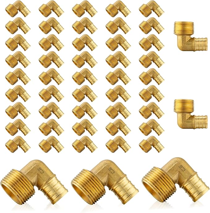 (50-Pack) PEX Fittings, Pex 3/4" x 1/2" Male Threaded NPT Elbow Adapter, Brass Crimp Fittings, for PEX Tubing Pipe Plumbing, ASTM F1807(PEX1807101-50Pack)