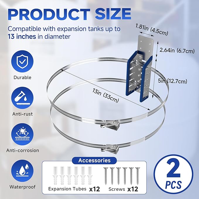 Expansion Tank Mounting Bracket with Cushion Pad, Universal Water Heater Straps, Supports 5 Gallon or up to 13-inch Diameter Hot Water Tanks,Boiler Expansion Tank, Propane Tank-2 Set