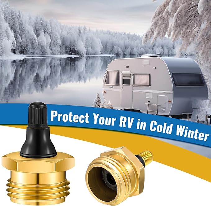 2 Pcs Brass Blow Out Plug for RV Antifreeze, Air Hose Compatible with Schrader Valve to Blow Out RV Water Lines, Winterization Valve for Campers, Motorhomes and Travel Trailers