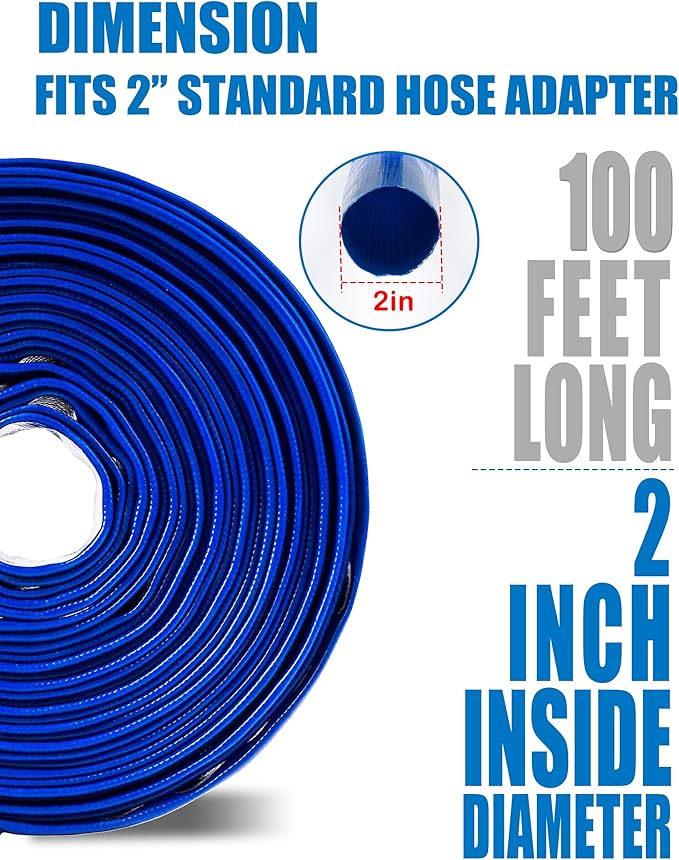 ZYfire Pool Backwash Hose with 2 Clamps - 2" x 100 FT PVC Lay Flat Discharge Hose Heavy Duty Reinforced Pool Hose Weather and Burst Resistant for Pool Drain, Sump Pump, Pool Filter