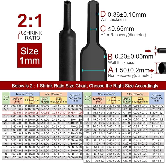 Chanzon 2:1 Ratio - 80Ft Roll - 1/24" (1mm) Heat Shrink Tubing 2:1(25M Total Length) Black Polyolefin Sleeving Wrap Shrinking 2 to 1 1pcs