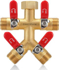 Garden Hose Splitter, 4-Way Full Flow Outdoor Faucet, Heavy Duty Brass Hose Manifold Wiht Red Long Handle, High Flow Faucet Adapter, 3/4-Inch GHT