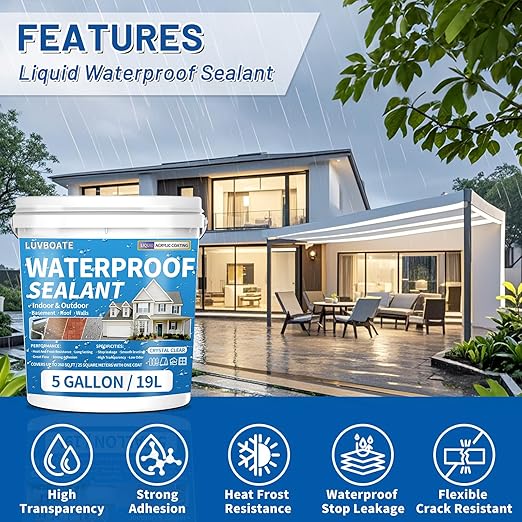 Liquid Waterproof Sealant Clear 5 Gallon, LUVBOATE Transparent Waterproof Coating Water-Based Invisible Repairing Leak Agent Roofs, Walls, Bathroom, Kitchen Indoor & Outdoor