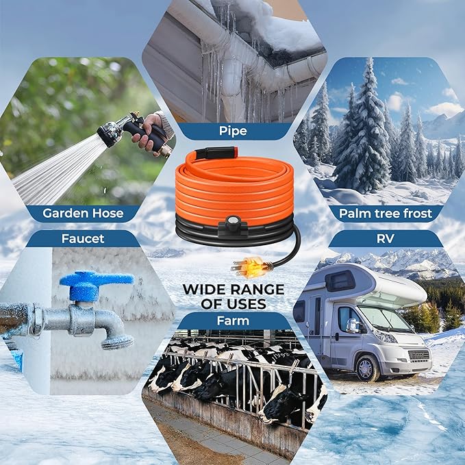 18FT Heat Tape for Water Pipes Freeze Protection IP65 Waterproof 7W/FT 110V BDDFOTO Water Pipe Heat Cable With Thermostat Self-Regulating Pipe Heater for House Garden/RV Camper