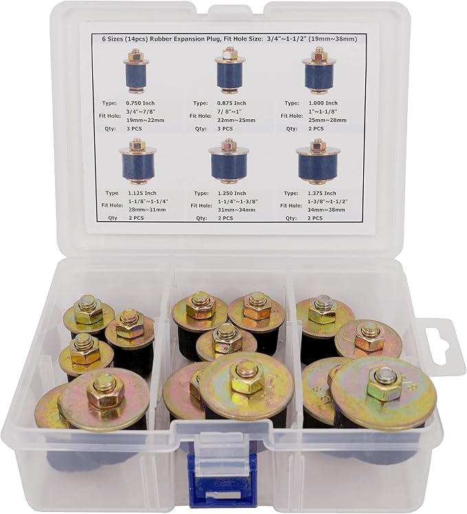 6 Sizes (14pcs) Neoprene Rubber Expansion Plug 3/4" 7/8" 1" 1-1/8" 1-1/4" 1-3/8", Automotive Rubber Freeze Frost Plug Fit Hole Size: 3/4"~1-1/2" (19mm~38mm)