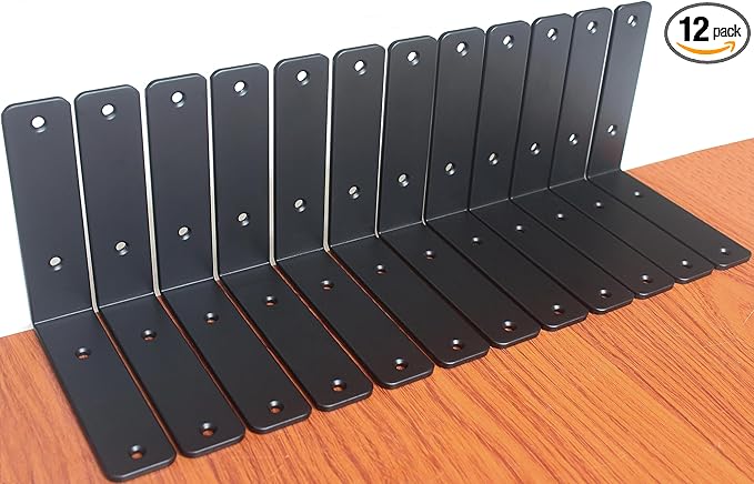 12 Pack - L 6" x H 6" x W1.5, 5mm Thick Black L Shelf Bracket, Iron Shelf Brackets, Metal Shelf Brackets, Floating Shelf, Shelf Supports with Screws