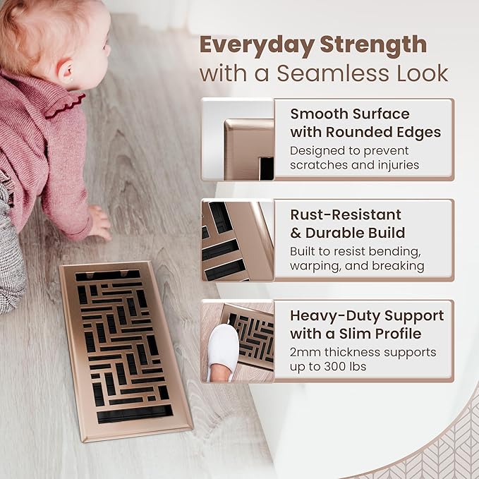 Floor Register 4x10 Vent Cover – 8 Pack – Heavy-Duty Steel, Rustproof & Walkable Grates, Drop-in Install, Adjustable Air Supply Switch - Decorative Herringbone Design, Satin Bronze