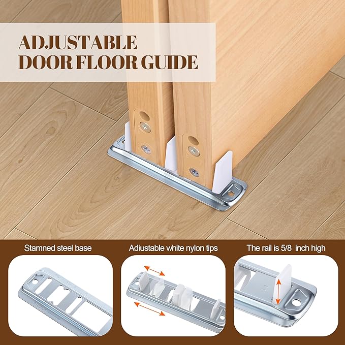 Feekoon 6 Pcs Sliding Closet Door Hardware Kit, Closet Door Rollers with Adjustable Floor Guide & Heightening Pads, Wardrobe Rollers Replacement for 3/4" to 1-3/8" Thick Top Hung(Square)