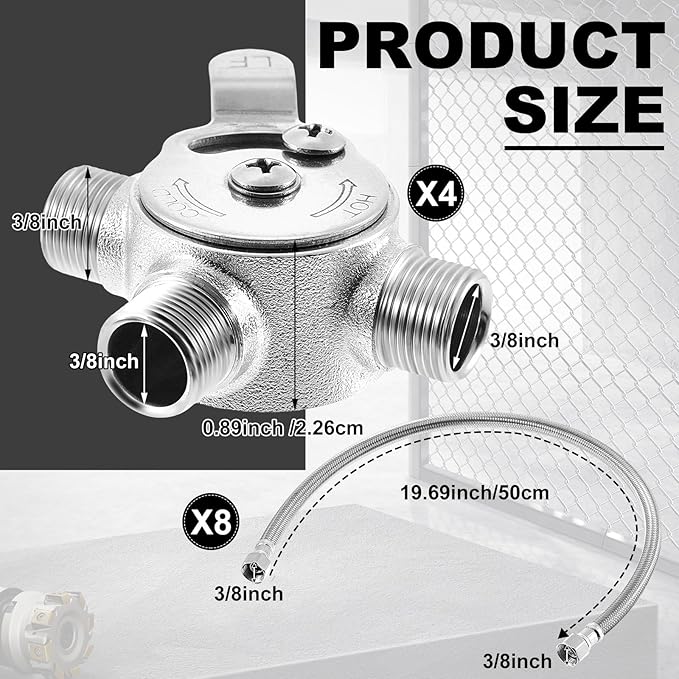 4 Pcs 3/8" Manual Mixing Valve Hot Cold Water Temperature Mixer Thermostatic Mixing Valve for Home and Bathroom Below Deck to Adjust Water Temperature, 8 Braided Faucet Connector Included