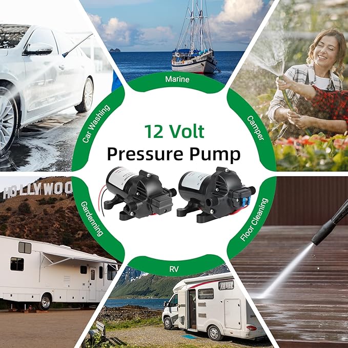 3 GPM RV Water Pump, 12V DC Diaphragm Pump with Automatic Pressure Switch 40-80PSI Adjustable, 3-Chamber, 1/2'' MNPT Port, for RV Yacht Food Truck Camper Marine,1 Pump + 1 Strainer,