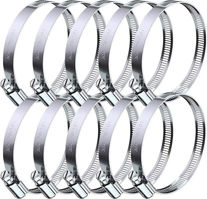 Hose Clamp Set - 10PCS 3 inch 304 Stainless Steel Worm Gear Hose Clamps for Fuel Line,dryer,Intercooler，Garden Water Pipe and Washing machine,Automotive Plumbing,4'' hose clamps