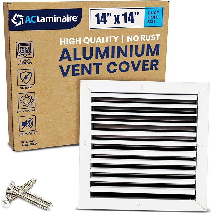 14x14 Inch (Duct Opening) Aluminum 1-Way Air Flow Vent – HVAC Vent Cover for Wall or Ceiling – Quiet HVAC Wall Register with Multi-Shutter Damper – Adjustable Curved Blade - Plastic Seal for Tight Fit