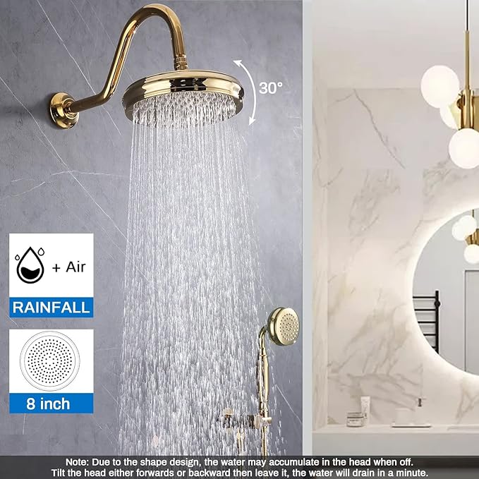 Enga Antique Shower Faucet Sets 8 inch Rainfall Head with Body Jets Handheld Spray Fixtures Combo, Brass 3 Way Diverter Rough in Valve Trim Kit, Bright Gold