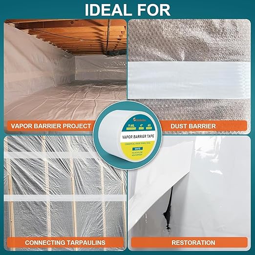 Golden Fox Vapor Barrier Tape, 2 Pack 4'' x 180' Roll, 9 Mil White Polyethylene Moisture and Vapor Barrier Seam Tape for Crawl Spaces, Marine Use, Insulation Tape, Underlayment & More, Waterproofing