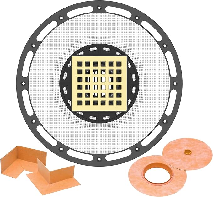 Shower Drain Kit with Brushed Gold Shower Grate, Waterproof Membrane and Pipe Sealing Collar, Complete Floor Drain System for Tiled Showers and Bathrooms