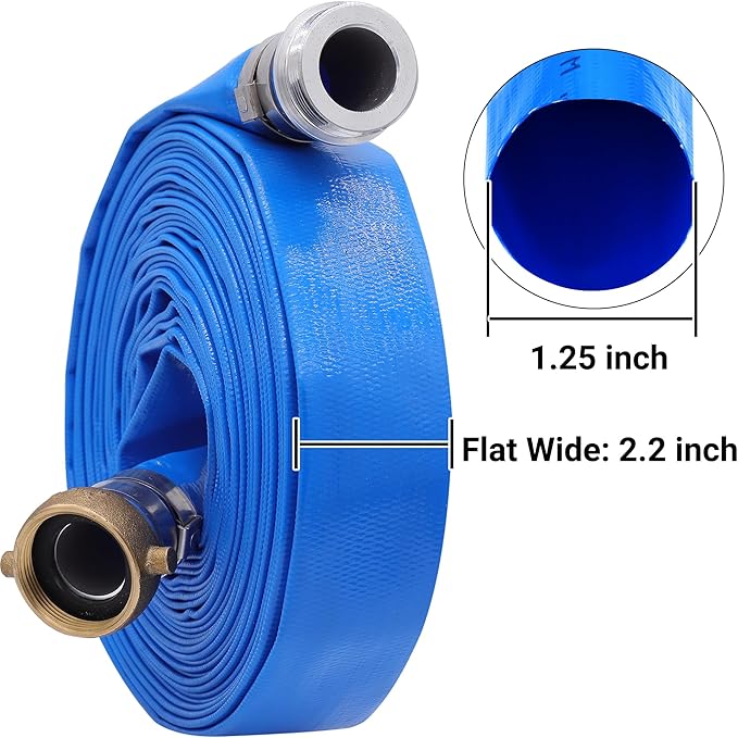 1-1/4" x 100ft PVC Lay Flat Water Pump Discharge Hose With Aluminum Pin Lug Fittings, Reinforced Pool Backwash Hose Assembly
