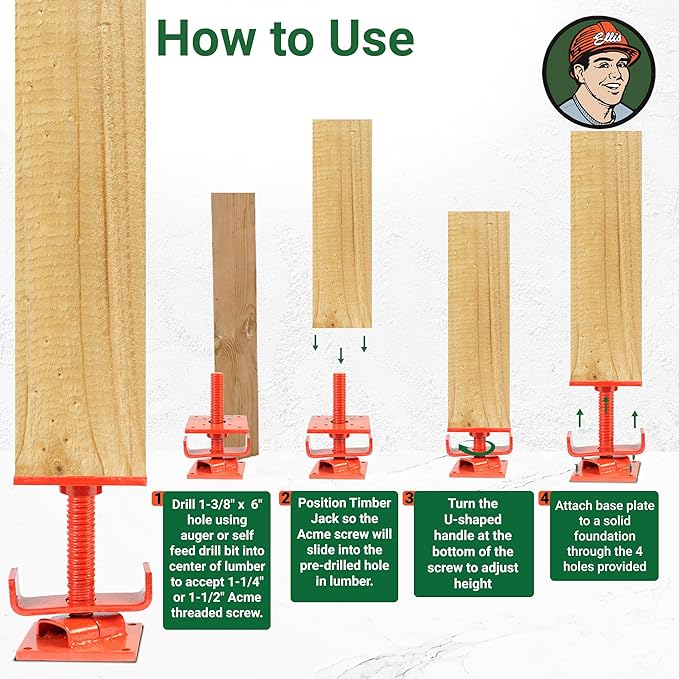 Ellis Manufacturing Timber Jack – Adjustable Post for House Leveling, Basement Support, Joist Lift, Crawl Space Shoring, Screw Support Beam, 5" Range, 15,000 lbs Capacity