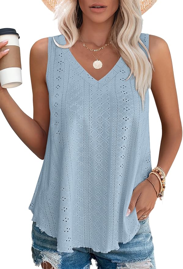 OFEEFAN Womens Tank Tops V Neck Sleeveless Flowy Loose Fit Basic Casual Summer Tops