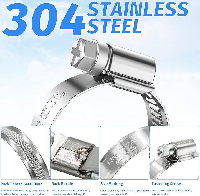 24PCS Heavy Duty Hose Clamps Stainless Steel 304,3/4" Hose Clamp to 1-1/4" Hose Clamp (20-32mm) Adjustable Worm Gear Drive Small Radiator Hose Clamps Pipe Clamp for Plumbing,Car, Garden