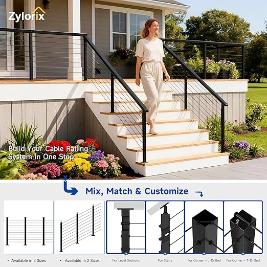 Upgraded 2-12FT Swageless Cable Railing System Post Kit 36" with 2 Heavy-Duty T304 Stainless Steel Level Post, Patent Reusable Cable Railing Kit, Upgraded Outdoor Finish(No Handrail), Black