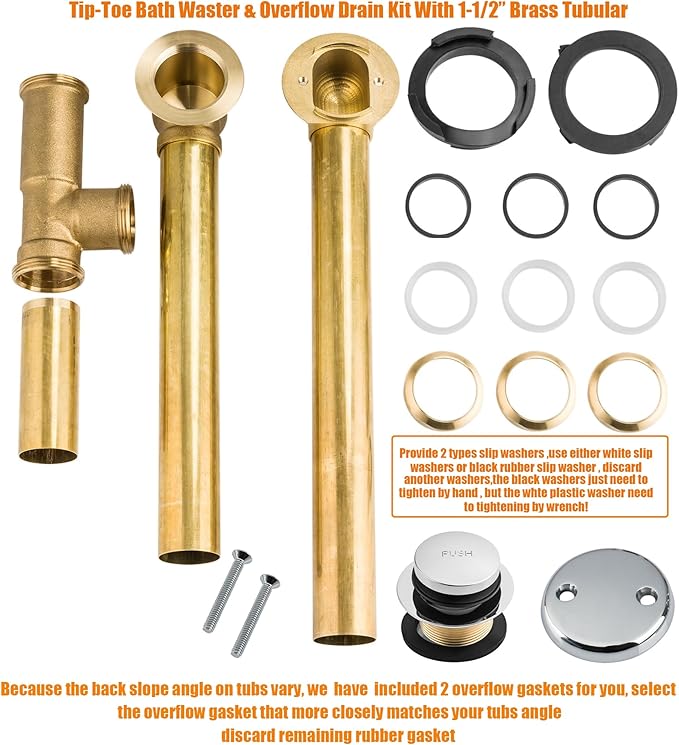 Artiwell 1-1/2" Brass Tubular Bath Drain Kit with Tip-Toe Bath Drain Stopper, Touch-Toe Tub Drain, Tip Toe Bathtub Drain Waste and Overflow with Plug and Bathtub Overflow Drain Cover, Chrome Plated