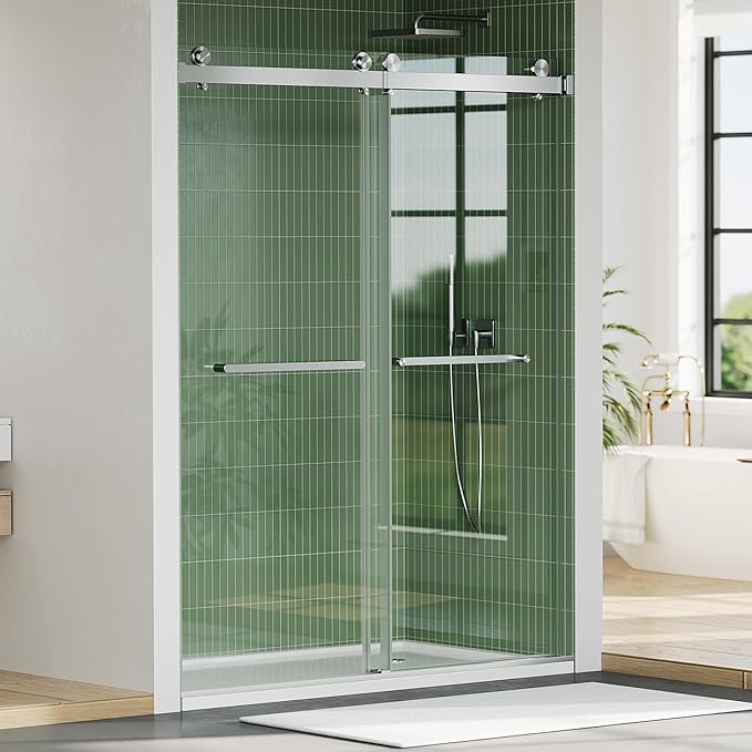 Frameless Double Sliding Shower Door - 44 to 48 Inch Adjustable Width x 74 Inch Height, 1/4" (6mm) Clear Tempered Glass with Easy-Clean, Space-Saving Bypass Design, Brushed Nickel Finish for Bathroom