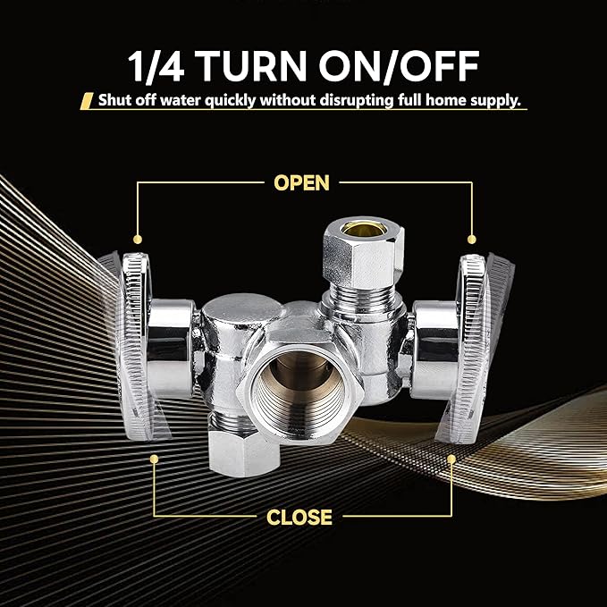 20-Pack Foskan Dual Turn Angle Stop Valve with 2 Shut Off Valve/Handles, 1/2" FIP x 3/8" OD x 3/8" OD,Chrome Plated Brass