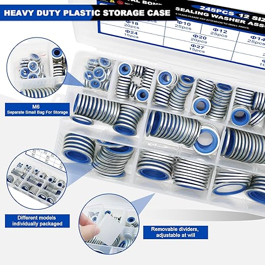 245PCS Metric Bonded Seal Dowty Washer, NBR Zinc-Plated Automotive Self-Centred Seal Rubber Washers, Gasket Seal Crush O-Ring Assortment Kit Set, Includes Sizes of M6-M30