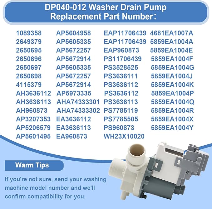 DP040-012 4681EA1007A Drain Pump Compatible with LG, Kenmore Washer Drain Pump, Replacement for 4681EA1007A 1089358 AP5604958 EAP11706439 2649379 AP5605335