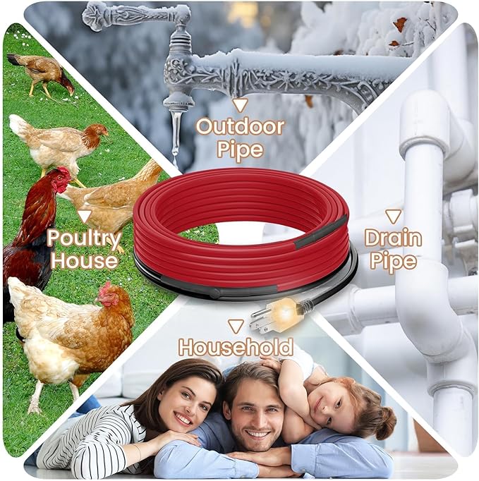 45 FT Heat Tape for Water Pipes Freeze Protection with Thermostat, Electric Heat Trace Pipe Heating Cable Energy-Saving 120V 7W/FT