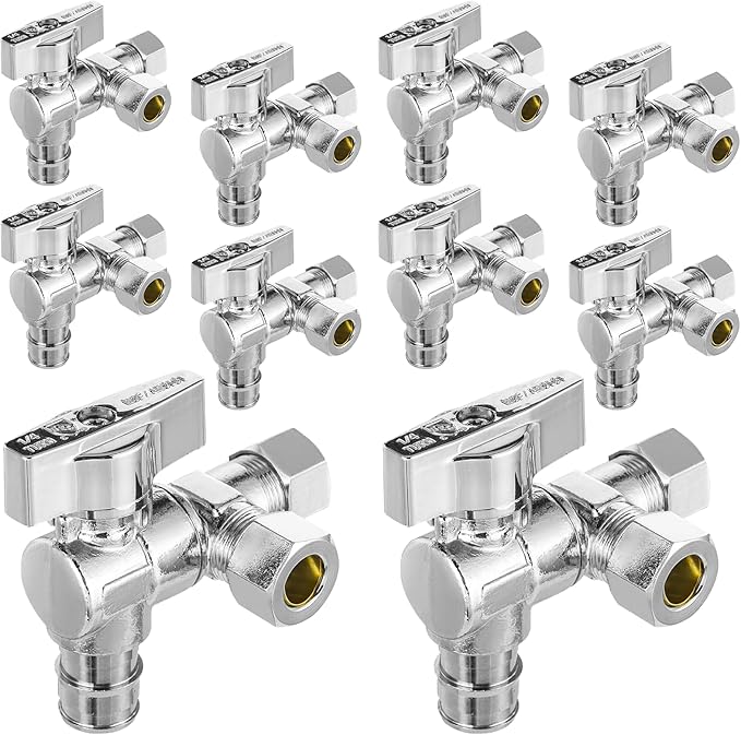 10-PCs HeSun PEX Expansion Inlet Angle Stop Valve, Quarter-Turn 1/2" PEX-A x 3/8" OD x 3/8" OD Compression, Dual Compression Outlet Shut Off Valve, Chrome Plated Brass, ASTM F1960(VALVE203-10)