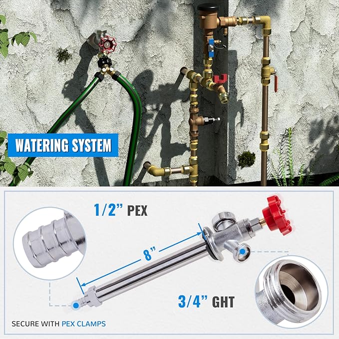 SUNGATOR 8 Inch Frost Free Sillcock, Anti-Siphon Outdoor Hose Valve, 1/2" PEX x 3/4" GHT Hose Bibb, No Lead Brass Garden Faucet/Spigot, Frost Proof Outdoor Water Faucet for PEX Pipe