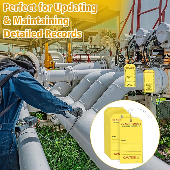 100 PCS Waterproof Backflow Inspection Tags 2.6 x 5.2 Inch Heavy Duty 18 Mil Writable Plastic Tags with Iron Wire & Pen Double-Sided Printing Pre-Punched Holes Maintenance Record for Backflow (Yellow)