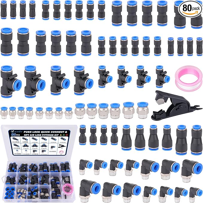 80 Pcs Quick Connect Air Line Fittings Kit Pneumatic Push Lock Air Fittings 1/8",1/4",3/8",1/2" Push to Connect & NPT Thread Air Hose Fittings Quick Release Airline Fitting Kit