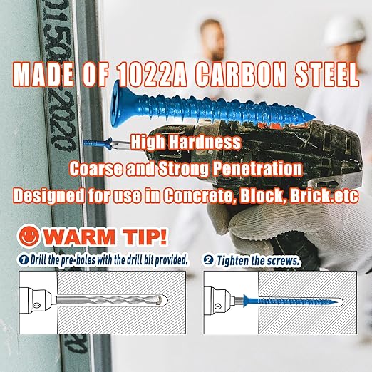 100Pcs 3/16" x1-3/4 Concrete Screws with Drill Bit, Flat Head Concrete Cement Screws Anchor Assortment Kit for Masonry, Block Brick or Stucco