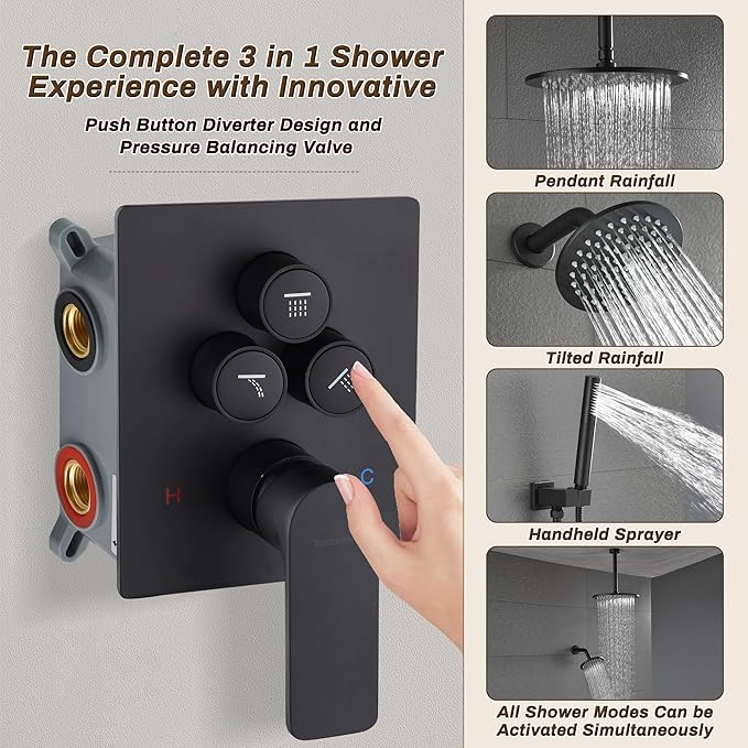 Rain Shower System Matte Black - 3-Function Shower Set, Ceiling & Wall Mount Combo with High-Pressure 2-in-1 Handheld, 30-Minute Easy DIY Install