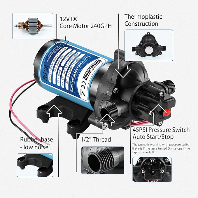 WASSERMANN 12V DC RV Diaphragm Pump, 3.5GPM 45PSI 1/2"NPSM Connection, 3-Chamber Self-Priming Pressure Water Pump with Pressure Switch for RV Marine Camping Yacht Garden,