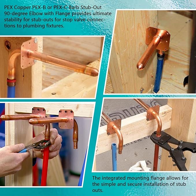 Boltigen 1/2" PEX Copper Stub Out Elbow 5-Pack with Wall Flange - 6 Inch, F1807 Certified with Stainless Steel Crimp Clamps for PEX-B/C Systems