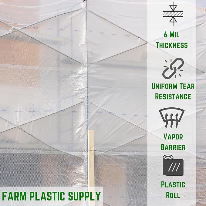 Farm Plastic Supply - Dura Skrim String Reinforced Clear Plastic Sheeting - 6 Mil - (16' x 100') - Reinforced Poly Film Tear Resistant, Weatherproof, Vapor Barrier Polyethylene Roll for Construction