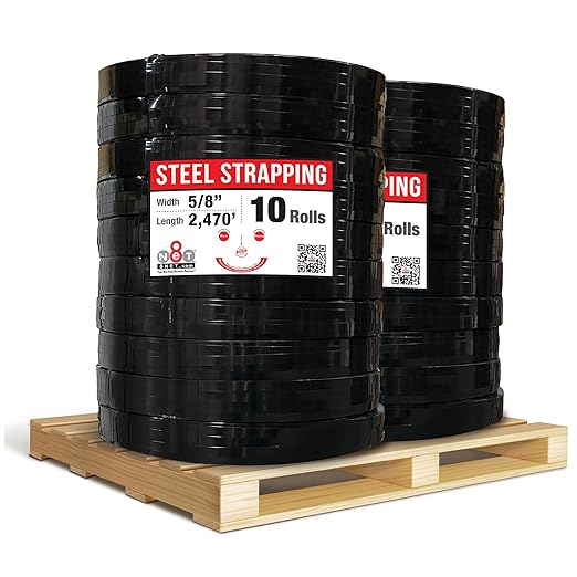 8NET Steel Strapping Band, 2,470' Length x 5/8'' Width x 0.020'' Thickness (1,460 lbs Break Strength), Cut Resistant Pallet Banding, Heavy Duty Metal Strap (20 Rolls)