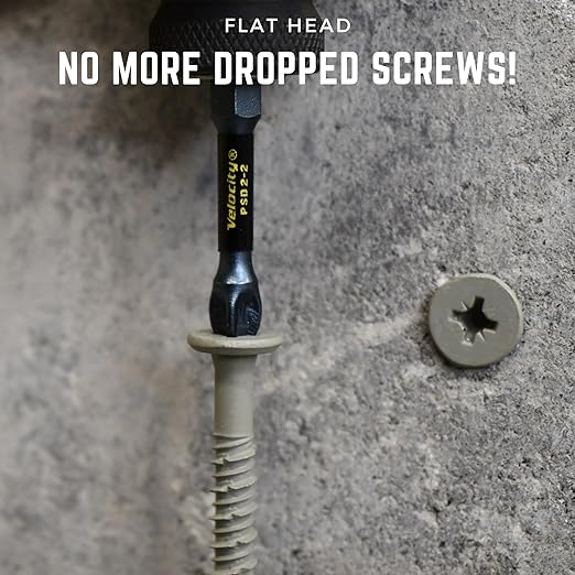 Velocity 2 1/4 Concrete Screws Set (Flat Head, 1/4") – Includes 12 Pcs High-Performance Masonry Screws, Stick Tight Technology, 1 PSD ACR Drive Bit and 1 Carbide Concrete Drill Bit Brick Screws