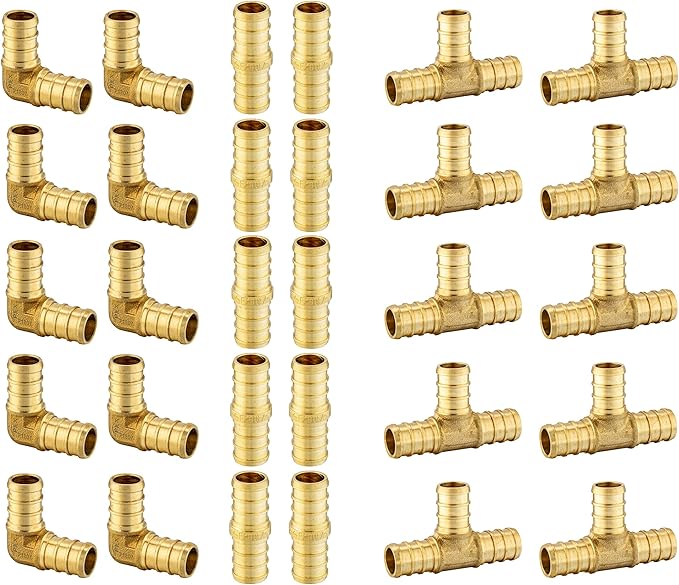(Pack of 30) EFIELD 1/2" Pex Brass Crimp Barb Fittings 10 Pieces each: Tee, Elbow and Coupling,(PEX1807185)