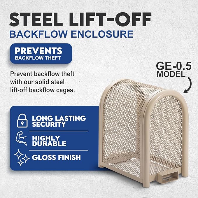 Steel Protection Backflow Preventer Security Cage for Outside - Extra-Small - Tan - Guardian Enclosures - Cage Dimensions, Internal 11 1/8″ W x 20″ H x 16″ L, External 13 3/8″ W x 20″ H x 20 3/8″ L