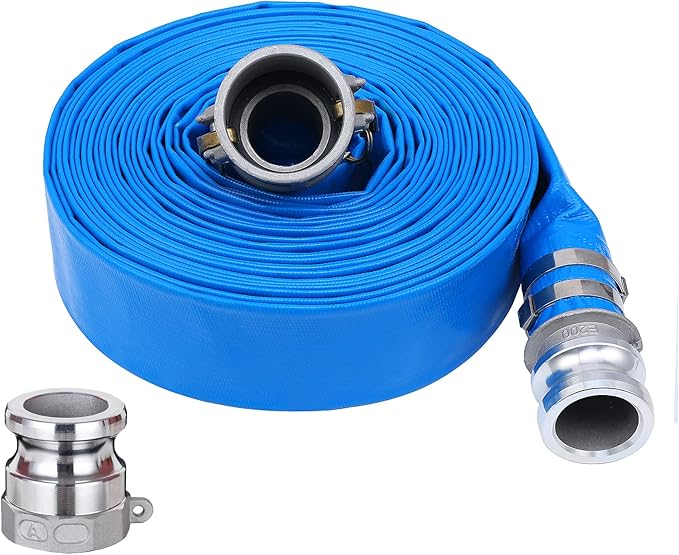 2" x 50ft PVC Lay Flat Discharge Hose With Aluminum Camlock C & E Fittings, Cam Lock Fitting Type A included, Heavy Duty Reinforced Pump Backwash Hose Assembly