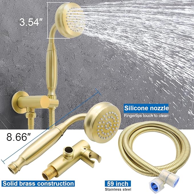 Enga Antique Shower Faucet Sets 8 inch Rainfall Head with Body Jets Handheld Spray Fixtures Combo, Brass 3 Way Diverter Rough in Valve Trim Kit, Brushed Gold