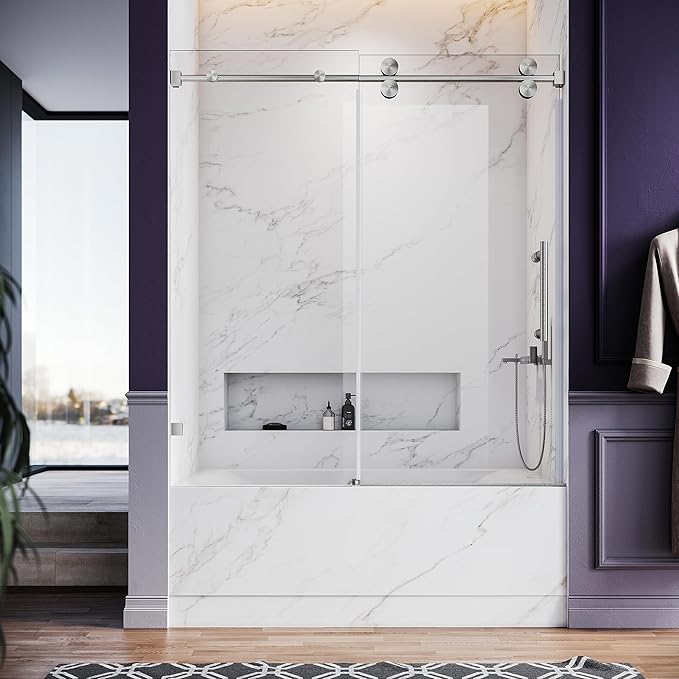 56-60 Inch x 66 Inch Sliding Frameless Bathtub Door, 3/8" Tempered Glass with Easy-Cleaning Coating, Stainless Steel Rollers & SGCC-Certified Stability, Brushed Nickel