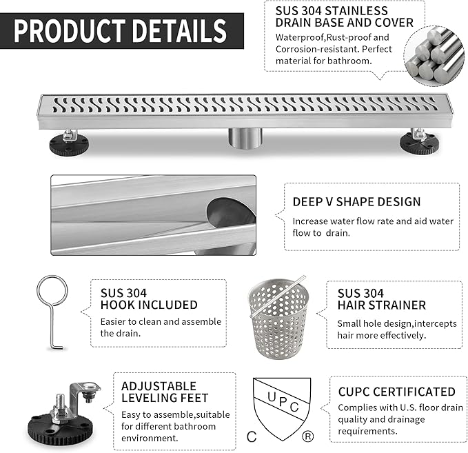 Linear Shower Drain 32 inch, Floor Drain with Removable Pattern Grate, 304 Stainless Steel Rectangular Linear Drain with Hair Strainer, CUPC Certified, Brushed Nickel, SD-103