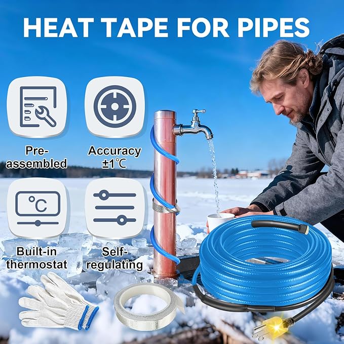 120V Heat Tape with Thermostat for Pipe Freeze Protection, 60 Feet Heat Trace for Water Pipes, 5 W/Ft, Electric Self-regulating Pipe Heating Tape for Metal And Plastic Pipes SnulyHeet