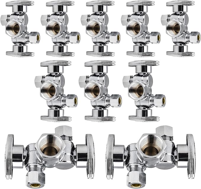 10-Pack EFIELD 1/4 Turn Dual Compression Outlet Angle Stop Valve with 2 Shut Off Valve/Handles, 1/2" Fip Iron Pipe x (3/8 inch x 3/8 inch) Chrome Plated,(VALVE140-10PCS)